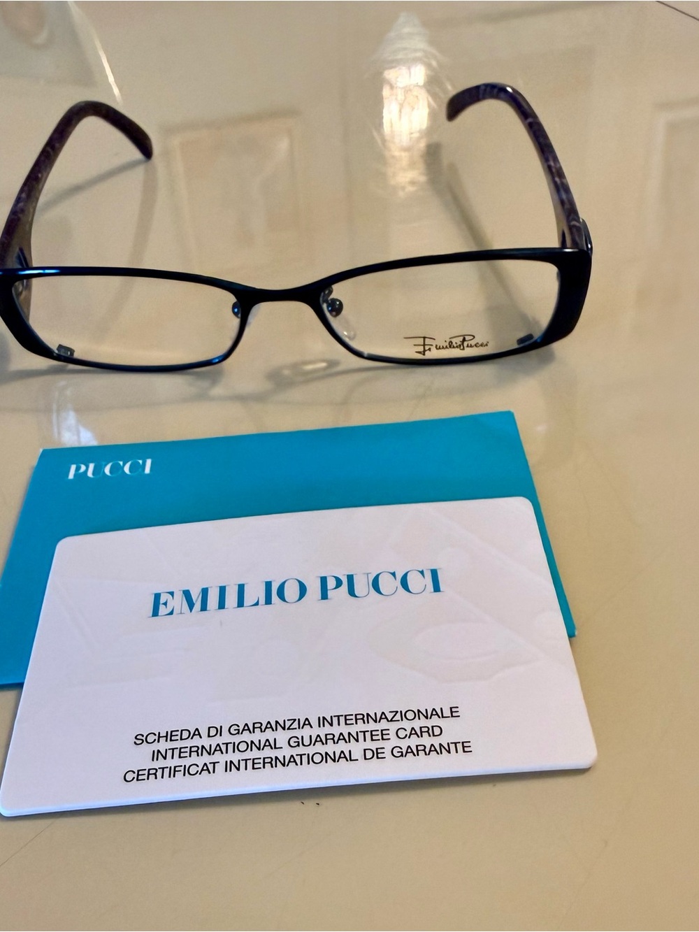 Emilio Pucci blue tones Rectangular Eyeglass Frames with Patterned Temples